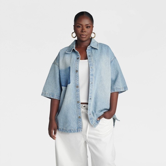Kahlana Tops - KBB KAHLANA Target 2X Plus Short Sleeve Boxy Denim Shirt Light Wash Jean Jacket‎